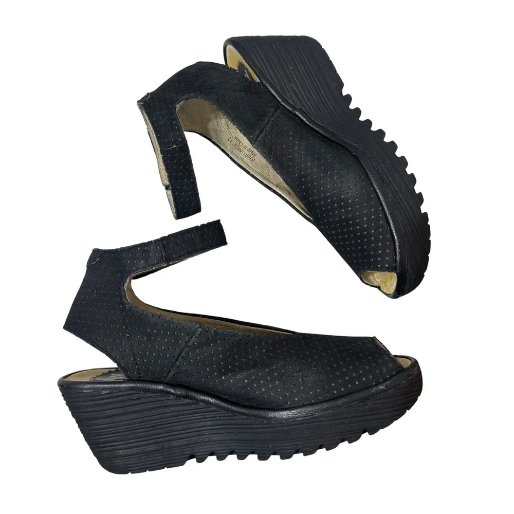 Fly London Yala Wedge Sandals  7 Black Good Perforated Suede P500376028